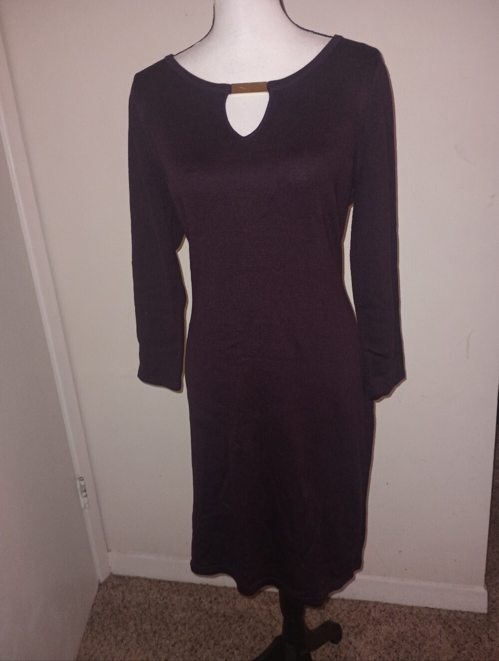 Calvin Klein Classic Long Sleeve Keyhole Midi Knit Dress - Burgundy SZL/XL -14